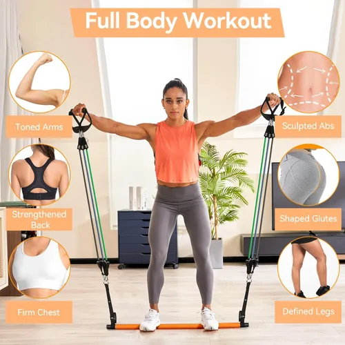 Vista 6 de Hommie Kit de barra de pilates portátil con bandas de resistencia para hombres y mujeres, barra de pilates mejorada de 3 secciones con bandas