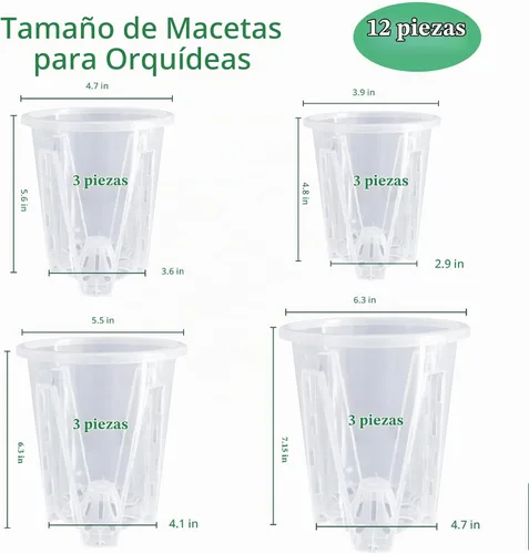 Vista 2 de Paquete de 12 macetas de orquídea, 3 de cada una de 3.9, 4.7, 5.5 y 6.3 pulgadas, macetas transparentes para orquídeas con agujeros