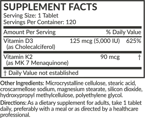Vista 7 de Futurebiotics Vitamina K2 con D3, soporte 2 en 1, 5000 UI de vitamina D3 y 90 mcg de vitamina K2 MK-7 sin OMG, 120 tabletas