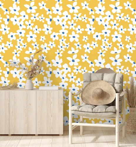 Vista 2 de HAOKHOME Papel Tapiz Amarillo Despegar y Pegar Floral Amarillo/Blanco/Azul Papel de Pared Removible para Dormitorio Baño Papel de Contacto Adhesivo
