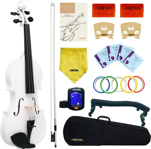 Vista 6 de CRAFTEEM 1/2 Conjunto de violín negro premium hecho a mano para principiantes, adultos y niños con cinta adhesiva para dedos de 5 colores - Violín