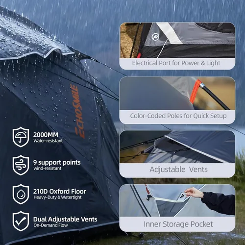 Vista 6 de EchoSmile Tiendas de campaña para camping, tienda impermeable a prueba de viento con múltiples postes, tienda de campaña de cúpula amplia para 3-5
