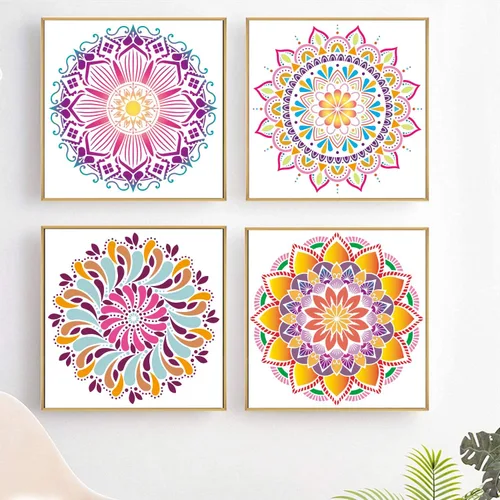 Vista 4 de Paquete de 9 plantillas de Rangoli grandes de 12 x 12 pulgadas, plantillas de mandala, plantilla de pintura cortada con láser para arte
