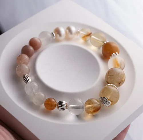Vista 54 de Precious Gemstone Natural Crystal Healing Bracelet, Rutilated Quartz, Moonstone, Quartz Handmade Original Design Bracelet