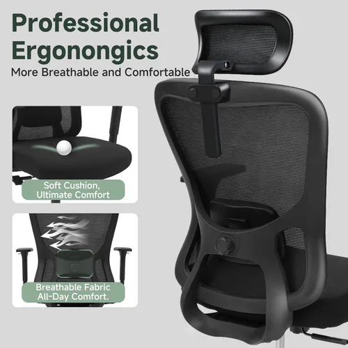 Vista 9 de Silla de oficina de respaldo alto con soporte lumbar, silla de escritorio Negro