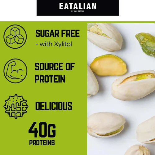 Vista 4 de EATALIAN by AMZ BETTER Crema de proteína de pistacho crujiente untable 7 oz/200 gr, crema de pistacho con granos, pasta de proteínas, sabor dulce