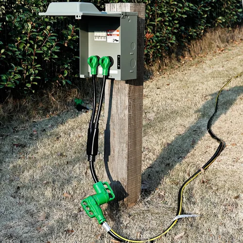 Vista 2 de RVGUARD - Cable adaptador Y para caravana con mango, dos enchufes machos TT-30 de 30 amperios a hembra 14-50 de 50 amperios, color verde Dos