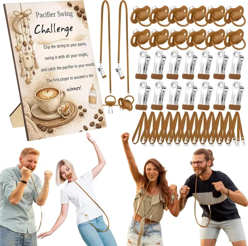 Vista 15 de Geelin Juego de 12 juegos de chupete con columpio para baby shower, juegos divertidos de revelación de género, incluye 1 letrero de madera y 12
