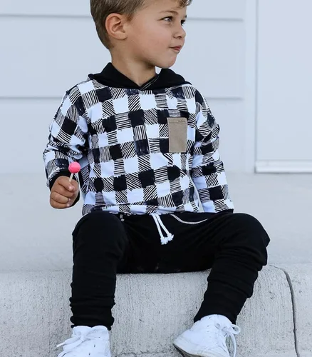 Vista 42 de Ropa de bebé niño 3 6 9 12 18 24M 3T Conjunto de pantalones con capucha patchwork sudadera con capucha pantalones de rayas traje de otoño invierno