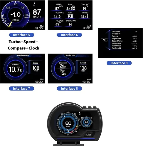 Vista 8 de Riloer Coche HUD Head Up Display P6, OBD2+GPS Universal Multifunción Velocímetro