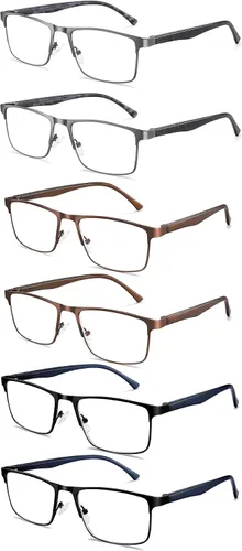 Vista 10 de 3 pares de anteojos de lectura, elegante marco de metal, anteojos ligeros con filtro - Gafas para hombre antirreflejos - Bisagra de resorte