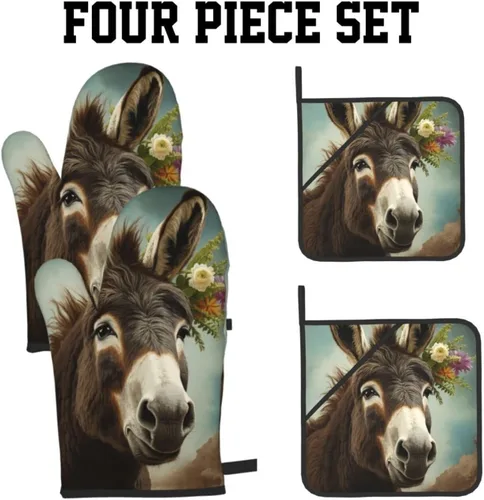 Vista 3 de Juego de 4 guantes de horno y soportes para ollas con estampado de animales burros, resistentes al calor, antideslizantes, guantes de horno