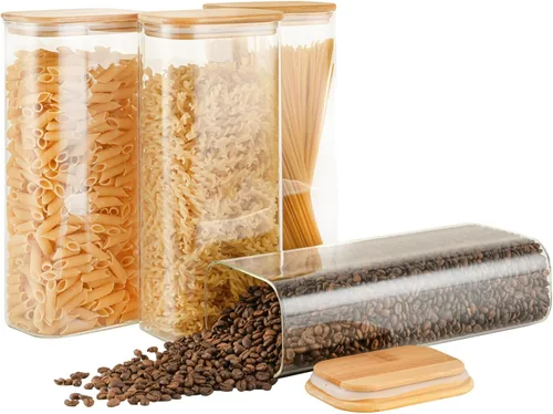 Vista 14 de D2scrma Contenedores herméticos rectangulares de vidrio de 37 onzas con tapas de bambú (juego de 4), tarro cuadrado de almacenamiento de alimentos