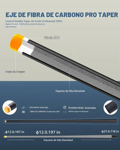 Vista 2 de KONLLEN Carbon Fiber Pool Cue, Low Deflection Shaft with Pro Taper 1.0 Taco negro