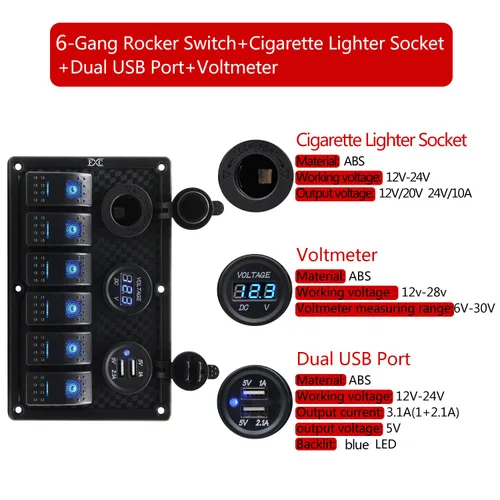 Vista 2 de Panel FXC impermeable, con ranura de doble puerto USB, fusibles de 4.2 A, visualización digital de voltaje, toma de encendedor y 4, 6 u 8 tipos