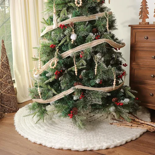Vista 5 de Falda de árbol de Navidad de 48 pulgadas: Falda de árbol tejida gruesa para árbol de 7.5 pies, falda de árbol de crochet en crema y blanco, faldas