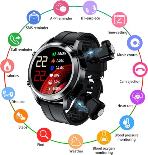 Vista 2 de Tuanzi Reloj inteligente T10 con auriculares 1.28 pulgadas 2 en 1 Smartwatch integrado inalámbrico combinado TWS HiFi auriculares estéreo Monitor