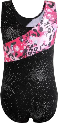 Vista 2 de HOZIY Leotardos de gimnasia para niñas, sin mangas, manga larga, copos de nieve, azul, morado, lentejuelas, cintas coloridas, rayas de leopardo rosa