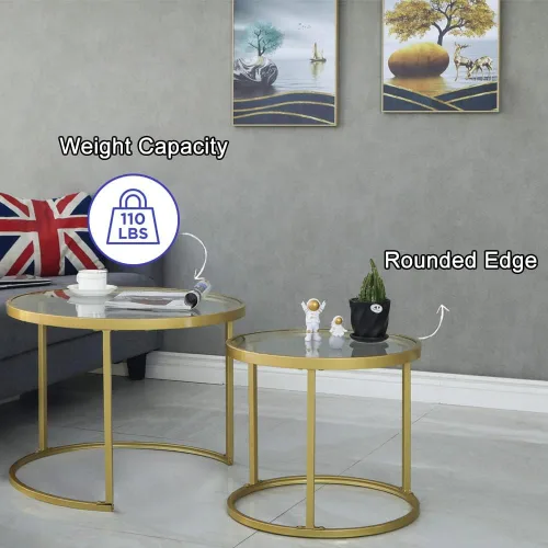 Vista 6 de Juego de 2 mesas de centro anidadas doradas, pequeñas mesas anidables de vidrio para sala de estar, dormitorio, mesa de té decorativa con marco