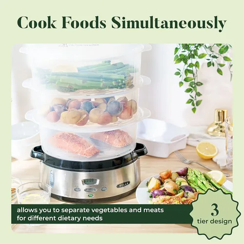 Vista 2 de BELLA - Vaporizador de alimentos digital de tres niveles de 9.5 cuartos de galón, saludable y rápida cocción simultánea, canastas apilables