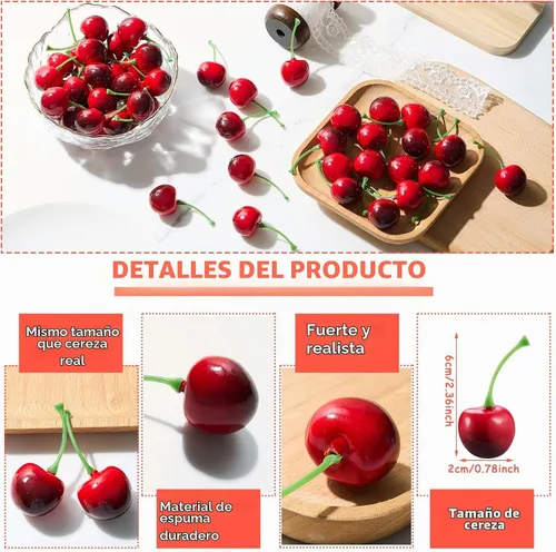 Vista 2 de Skylety 30 piezas de cerezas falsas artificiales de cerezas, decoraciones de fiesta de cereza de simulación para decoración de pasteles, hogar Rojo