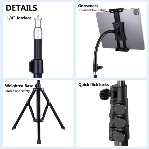 Vista 7 de Trípode para iPad y teléfono de 73 pulgadas con cuello de cisne para tablet con control remoto para tabletas de 3.5 a 15 pulgadas, iPhone, iPad Pro