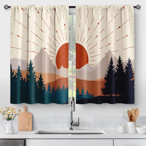 Vista 15 de Aimego - Cortinas de cocina con plantas rústicas y flores de primavera, botánicas, con hojas verdes, cortas, para cafetería, baño, con bolsillo