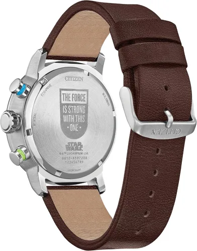 Vista 3 de Citizen Eco-Drive Star Wars Luke Skywalker - Reloj cronógrafo de acero inoxidable con correa de cuero marrón, bisel azul (modelo CA0768-07W)