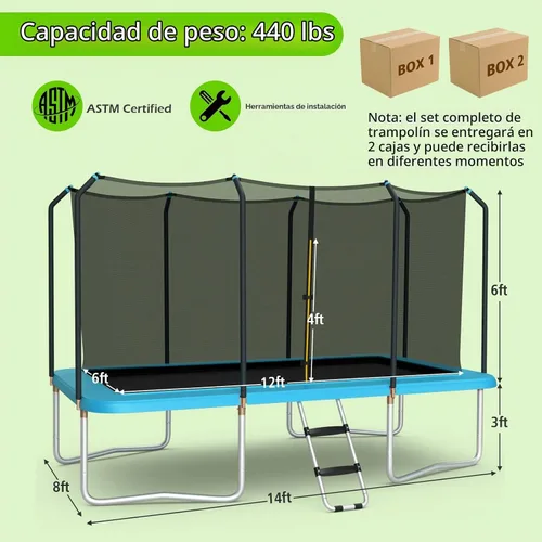 Vista 3 de Giantex Trampolín rectangular de 8 pies x 14 pies con certificación ASTM con recinto, escalera, marco de acero galvanizado de doble cara, carga Azul