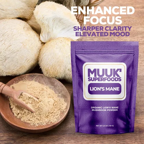 Vista 2 de MUUK' SUPERFOODS Polvo de hongo de melena de león orgánico puro Impulso cerebral, fabricado en Estados Unidos 3.5 oz (100 g), 60 porciones