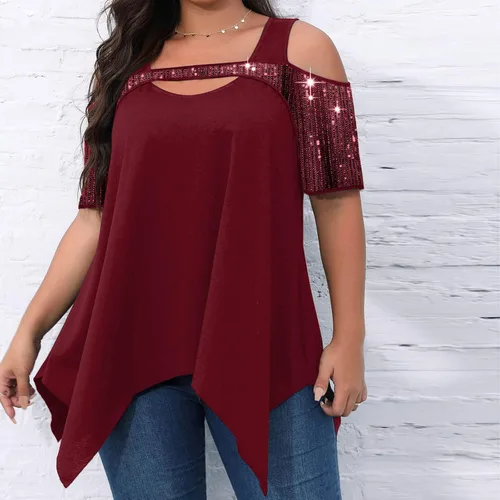 Vista 2 de Blusa de manga corta con hombros descubiertos y talla grande, con lentejuelas brillantes y empalme de moda, con dobladillo de pañuelo