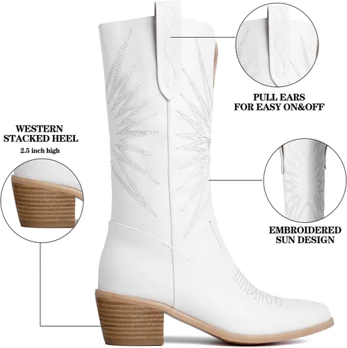 Vista 2 de olomisa Botas vaqueras para mujer, botas metálicas bordadas con punta puntiaguda, tacón grueso, botas vaqueras de media pantorrilla