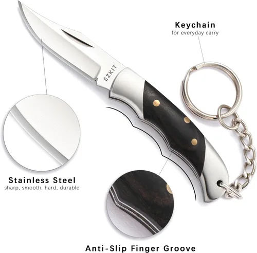 Vista 3 de Cuchillo de bolsillo pequeño, cuchillo EDC con mango de acero inoxidable y madera, pequeño cuchillo plegable, longitud de la hoja 1.5 pulgadas