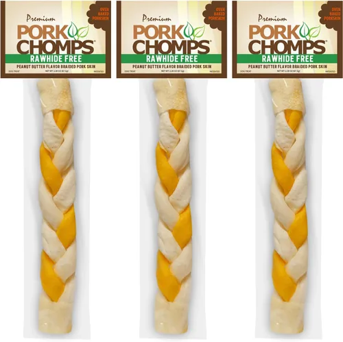 Vista 8 de Pork Chomps Piel de cerdo asada para masticar para perros, trenza de 8 pulgadas, sabor a mantequilla de maní, 1 unidad Oven-baked from real pork