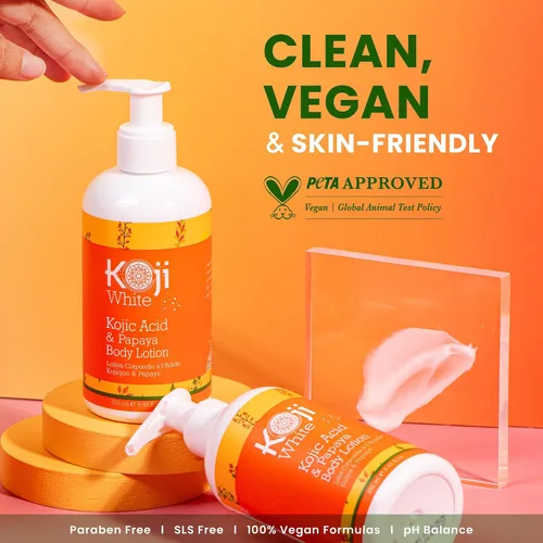 Vista 5 de Koji White Loción corporal Kojic Acid & Papaya - Exfoliante, hidratante, hidratante, cuidado de la piel para piel dañada por el sol, vegana, sin