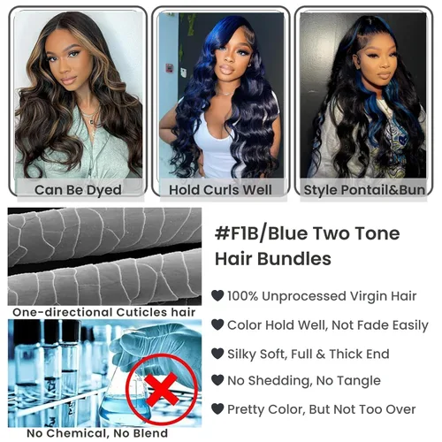Vista 7 de Black Mix Blue Highlight Bundle Cabello humano ondulado 14 16 18 IN