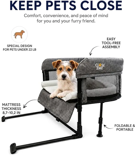 Vista 3 de Englacha Close2me Cama de Mascotas al Lado de la Cama para Gatos y Perros, Cuna Elevada para Perros con Laterales, Cuna para Perros