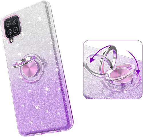 Vista 6 de TJS Funda compatible con Samsung Galaxy A12, con protector de pantalla de vidrio templado, anillo de metal, soporte magnético, tono brillante