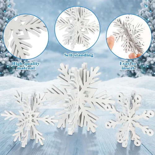 Vista 4 de Blulu 24 piezas de decoración de copo de nieve de madera 3D blanco copo de nieve de mesa y centro de mesa, decoración de madera de invierno