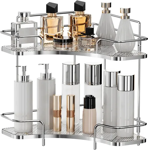 Vista 8 de Seoneiro Organizador de esquina de 2 niveles para encimera de baño, organizador cosmético para el cuidado de la piel, bandeja de perfume