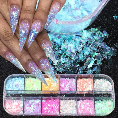 Vista 2 de 12 rejillas 3D de lentejuelas de uñas de sirena con purpurina con diseño holográfico, suministros de arte de uñas iridiscente con purpurina