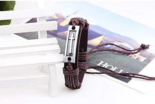 Vista 2 de COLORFUL BLING Pulsera de cuero cruzado estilo cruzado diseño multicapa acero inoxidable moda hombres pulsera de cuero clásico regalo para hombres 2