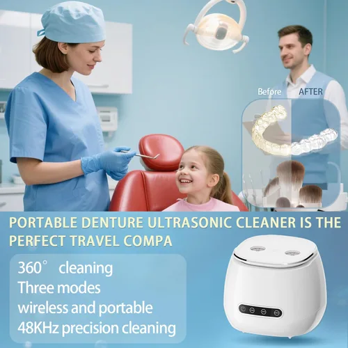 Vista 4 de Limpiador ultrasónico de retención ultrasónico de 48 kHz, limpiador ultrasónico dental, máquina de limpieza dental para dentadura con temporizador