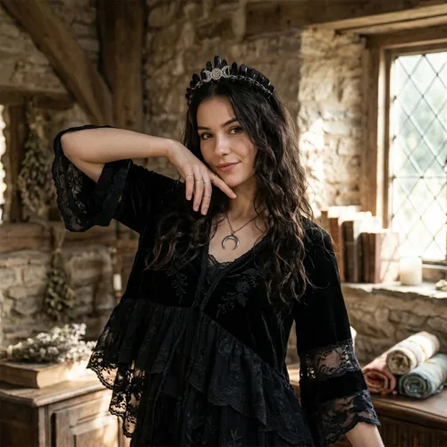 Vista 6 de Bubbmi Diadema de tiara negra de cristal crudo, cuarzo natural, luna, diosa, bruja, moda, banda para el pelo para fiesta de cosplay Wiccan