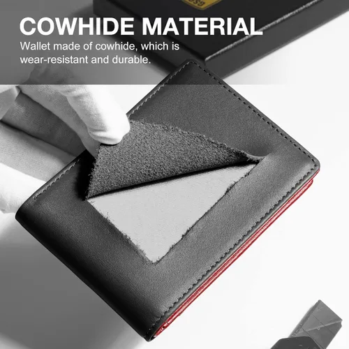 Vista 6 de GSOIAX Billetera delgada para hombre minimalista de cuero genuino fibra de carbono con bloqueo RFID de cuero vacuno plegable con caja de regalo
