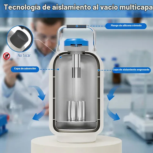 Vista 4 de Contenedor de nitrógeno líquido de 10L – Aleación de aluminio LN2 Dewar, tanque criogénico de nitrógeno líquido con 6 recipientes y bolsa
