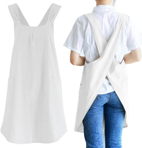 Vista 9 de NEWGEM - Delantales de cocina de lino japonés para mujeres y hombres, con tirantes cruzados y bolsillos, para repostería y cocina