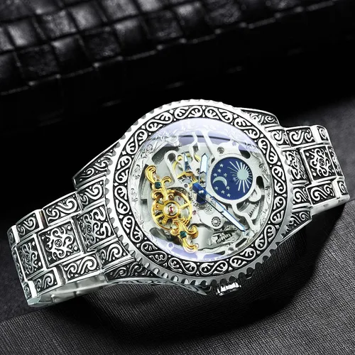 Vista 3 de Caluxe Reloj de pulsera mecánico automático para hombre Tourbillon 24 horas de fase lunar CA525