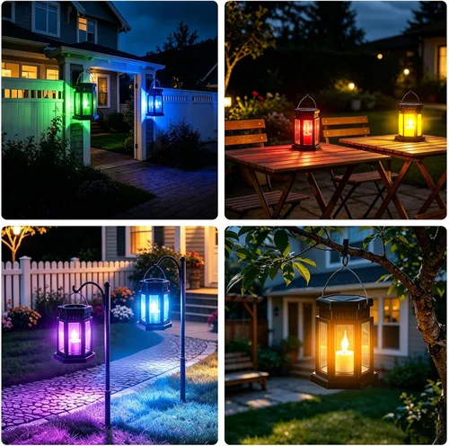 Vista 2 de Faroles solares impermeables para exteriores, luz RGB que cambia de color Negro