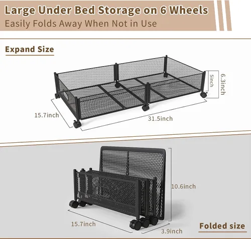 Vista 7 de Almacenamiento debajo de la cama sobre ruedas, almacenamiento grande mejorado de 31.5 pulgadas, organizador plegable de metal para debajo